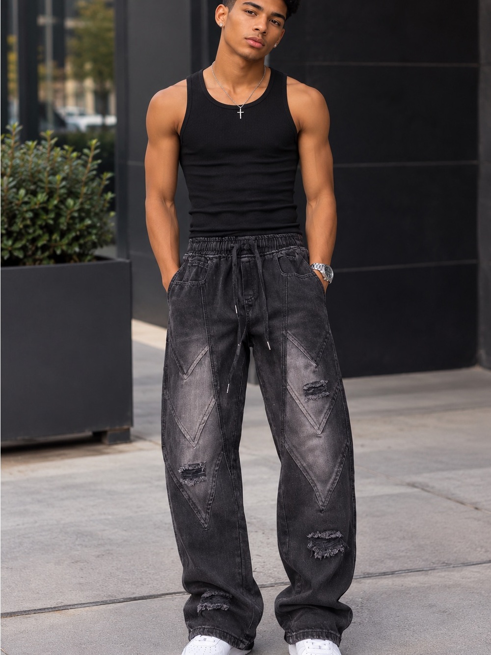 NWOT Watson black distressed cotton & polyester jeans with diamond-shaped panels
